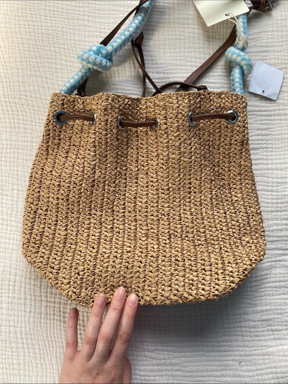 Woven Raffia Drawstring Crossbody Bag with Blue Rope Handle - Picture 8 of 8